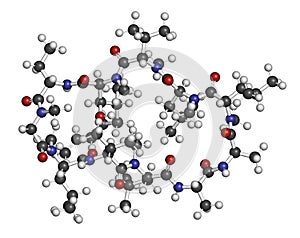 Voclosporin immunosuppressant drug molecule. 3D rendering. Atoms are represented as spheres with conventional color coding: photo