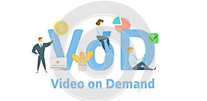 VOD, video on demand. Concept with keywords, letters, and icons. Flat vector illustration. Isolated on white background.