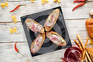 Vodka appetizer bruschetta minced herring apple