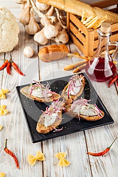 Vodka appetizer bruschetta minced herring apple