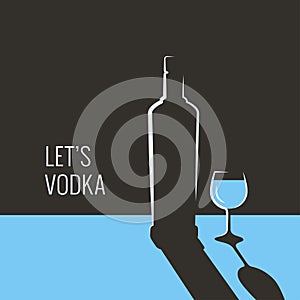 Vodka bottle banner. Glass of vodka on blue