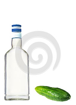 Vodka bottle and fresh cucumber on white background