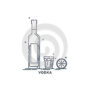 Vodka in bottle and glass with snack lemon. White background. Tasty snack. Closeup shot. Trendy fruit food design. Minimalism