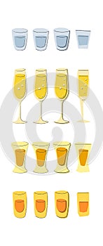 Vodka champagne tequila rum shot glass on white background. Cartoon sketch graphic design. Doodle style. Colored hand drawn image