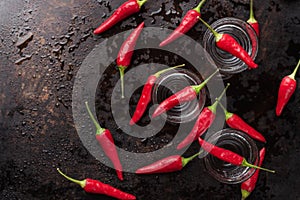 Vodka with chili peppers on rusty grunge table