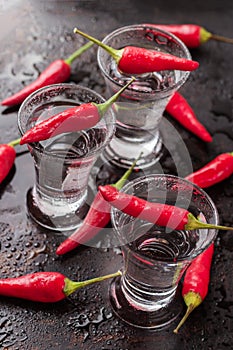 Vodka with chili peppers on rusty grunge table