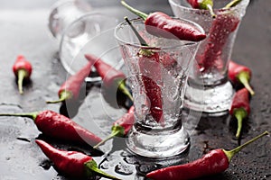 Vodka with chili peppers on rusty grunge table