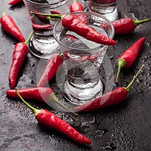 Vodka with chili peppers on rusty grunge table