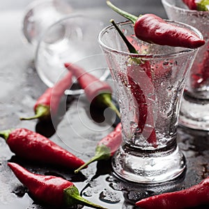 Vodka with chili peppers on rusty grunge table