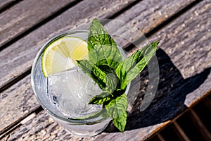 Vodka or Gin Tonic Cocktail with lime, mint leaves and ice at the garden natural light