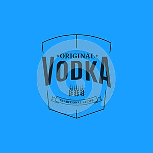 Vodka logo design. Glass of vodka label on blue