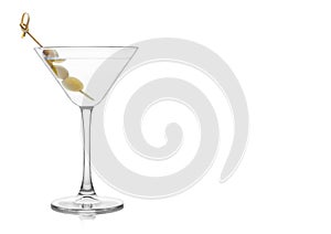 Vodka martini gin cocktail in classic glass with olives on bamboo stick on white background with reflection