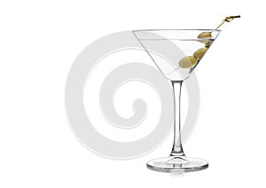 Vodka martini gin cocktail in classic glass with olives on bamboo stick on white background with reflection