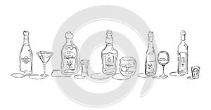 Vodka, martini, tequila, red wine, whiskey. Bottle and glass in hand drawn style. Restaurant illustration for celebration design.