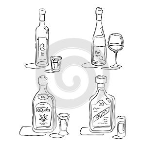 Vodka, rum, tequila, red wine. Bottle and glass in hand drawn style. Restaurant illustration for celebration design. Sketch. Line