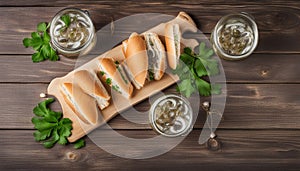 Vodka and a set of sandwiches with sprats, and caviar, onion and parsley, on a wooden background. Top view. Copy space