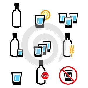 Vodka shot and bottle, strong alcohol vector icon set - pub, no drinking warning sign, addiction concept