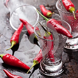 Vodka shot with chili peppers on rusty grunge table