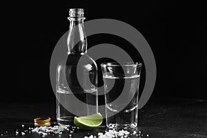 Vodka in shot glass and mini bottle on black background with a blank space for a text