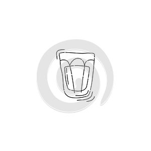 Vodka shot glass on white background. Cartoon sketch graphic design. Doodle style. Colored hand drawn image. Alcohol drink concept