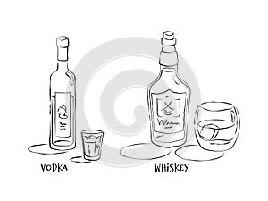 Vodka and whiskey. Bottle and glass in hand drawn style. Restaurant illustration for celebration design. Retro sketch. Line art.