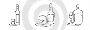 Vodka whiskey liquor bottle and glass outline icon on white background. Black white cartoon sketch graphic design. Doodle style.