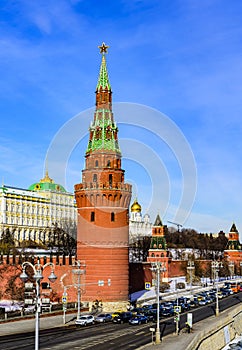 Vodovzvodnaya tower of the ancient Moscow Kremlin in the early spring on a sunny day. Moscow, Russia