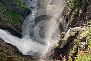 Voeringfossen waterfall on a sunny evening