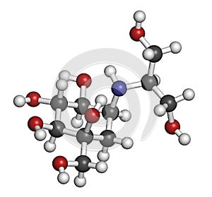 Voglibose diabetes drug molecule. 3D rendering. Atoms are represented as spheres with conventional color coding: hydrogen (white