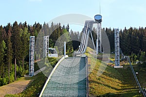 Vogtland Arena, a ski jumping venue in Klingenthal, Germany. It features some of the most modern architecture among World Cup