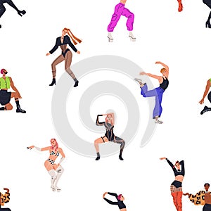Vogue dance, seamless pattern design. Endless background, fashion modern dancers in sassy poses. Repeating disco print