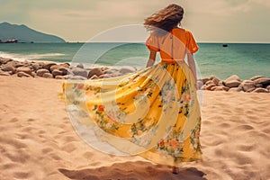 summer woman person beautiful hippie dress fashion sun sea lifestyle beach. Generative AI.