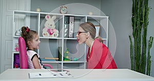 Voice Ability Problem Speaking Lesson Concept. Speech Language Therapist Teaching Preschool Kid Sound Pronunciation