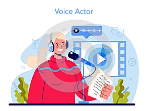 Voice actor concept. Actor dubbing or voicing over a cartoon, movie photo