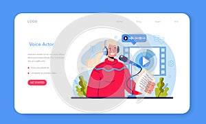 Voice actor web banner or landing page. Actor dubbing or voicing over a cartoon photo