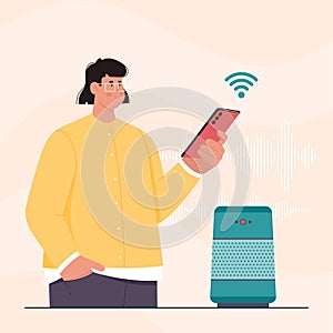 Voice assistant, AI technology, man holding mobile phone to connect with smart speaker