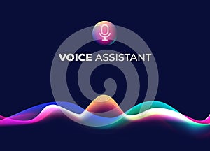 Voice assistant concept page. Personal mobile voice recognition, abstract sound waves. Microphone icon and neon music