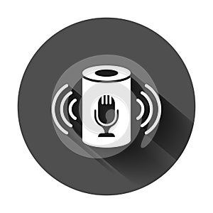 Voice assistant icon in flat style. Smart home assist vector illustration on black round background with long shadow. Command