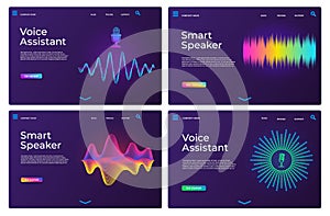 Voice assistant landing pages. Web templates for smart speaker with audio waves and microphone. Online sound recognition