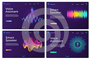 Voice assistant landing pages. Web templates for smart speaker with audio waves and microphone. Online sound recognition app page