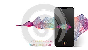 Voice assistant modern concept. Equalizer sound waves on the smart phone and on the smart speaker. Landing page with Personal