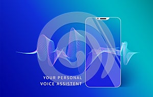 Voice assistant modern concept. Equalizer sound waves on the smart phone and on the smart speaker. Landing page with Personal