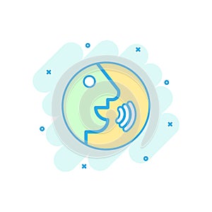 Voice command with sound waves icon in comic style. Speak control vector cartoon illustration pictogram. Speaker people business