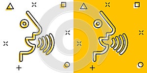 Voice command with sound waves icon in comic style. Speak control vector cartoon illustration pictogram. Speaker people business