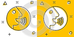 Voice command with sound waves icon in comic style. Speak control vector cartoon illustration pictogram. Speaker people business