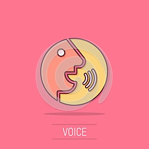 Voice command with sound waves icon in comic style. Speak control vector cartoon illustration pictogram. Speaker people business