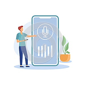 Young people use speaker recognition, voice control, virtual assistant, identification, hotline operator