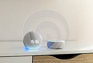 Voice controlled speaker with activated voice recognition, on light background