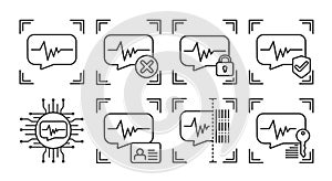 Voice identification scan black line icons set. Concept of: verifying person, blocked user, security, approved, ai, id, scanning,