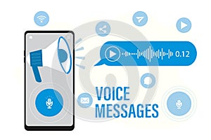 Voice messages concept banner. Online chat technology, communication in instant messengers and social media